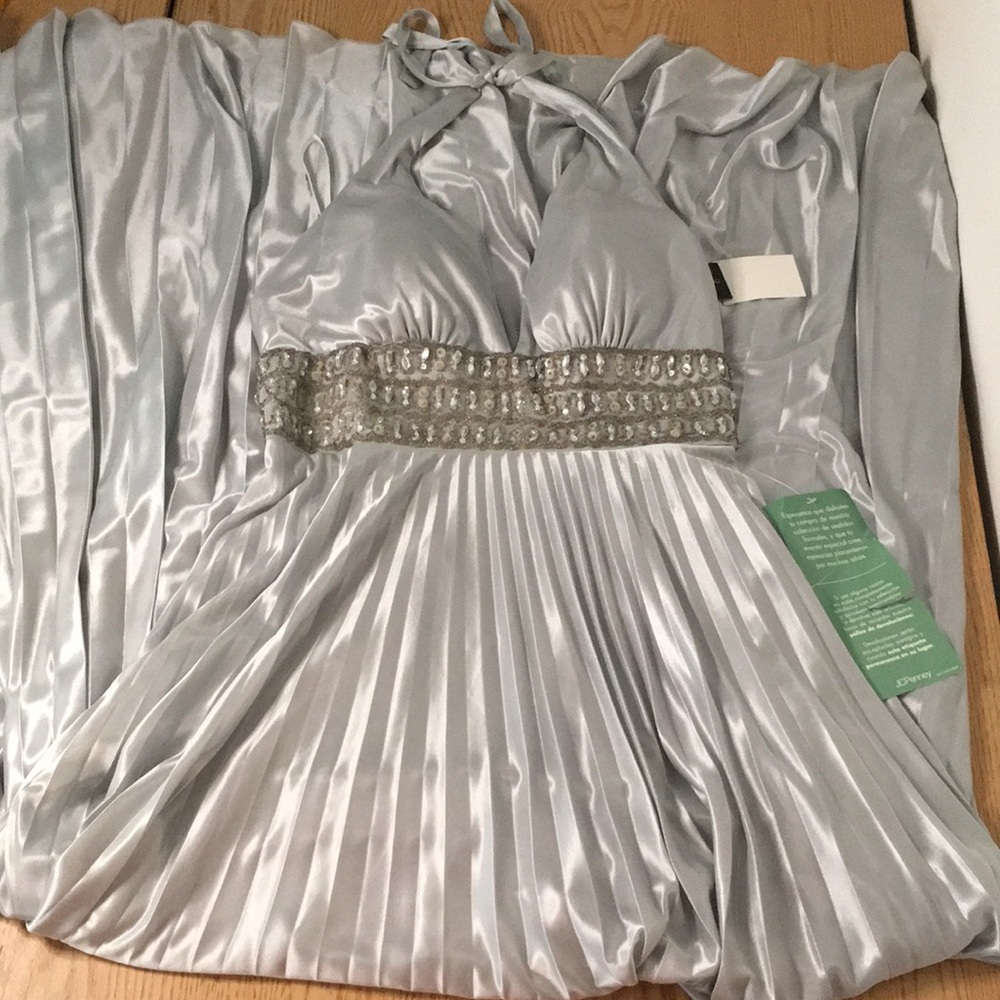 New My Michelle Formal or Prom Halter Beaded Dress Silky Satiny Pleated Medium